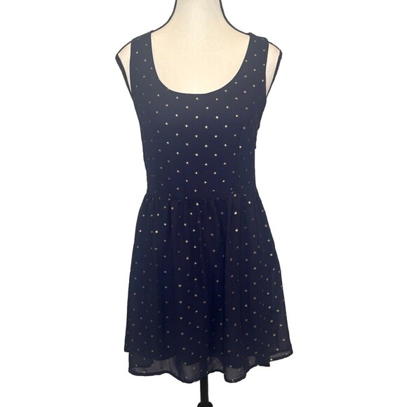 FREEBIRD Navy BLUE w/ GOLD Sleeveless Open Back Lined Dress Career Date Travel-M - Picture 1 of 10